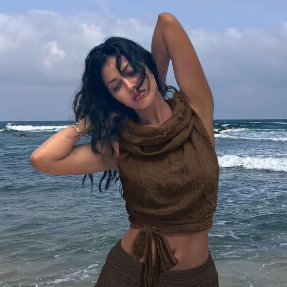 ⚡Women's Dark Brown Crop Tank Boho Open Back Cross Wrap Swim Cover Up Top - Picture 7 of 7